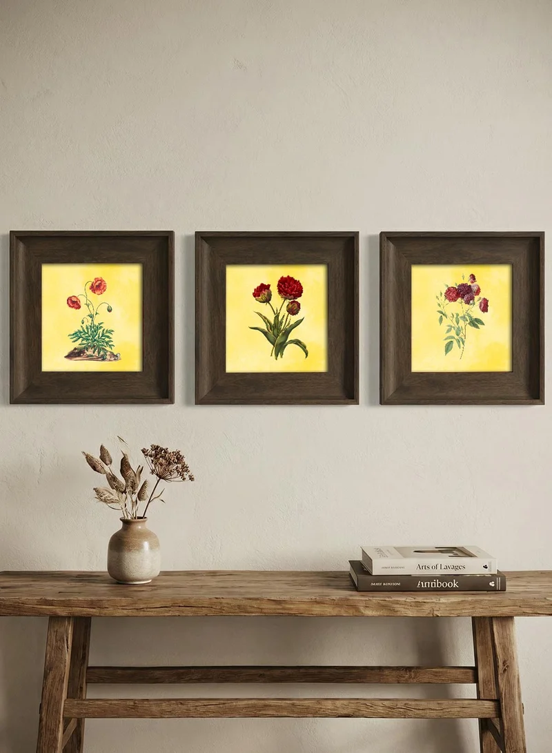 LOWHA Set of 3 Canvas Wall Art Stretched Over Wooden Frame with Vintage Brown Floating Frame and Crimson Botanical Design